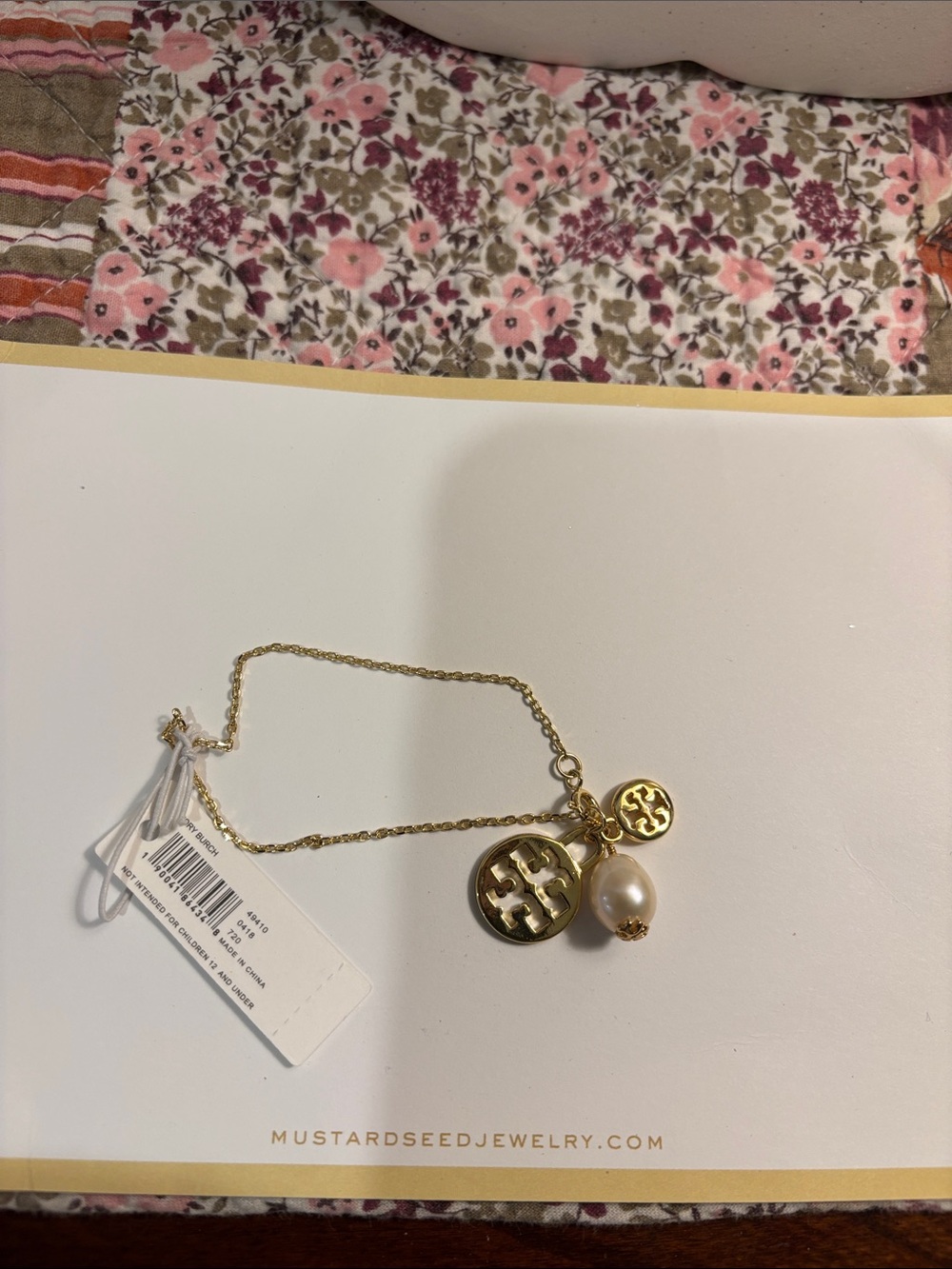 Tory Burch Gold-Tone Logo Charm Necklace with Pearl Accent 7 inches